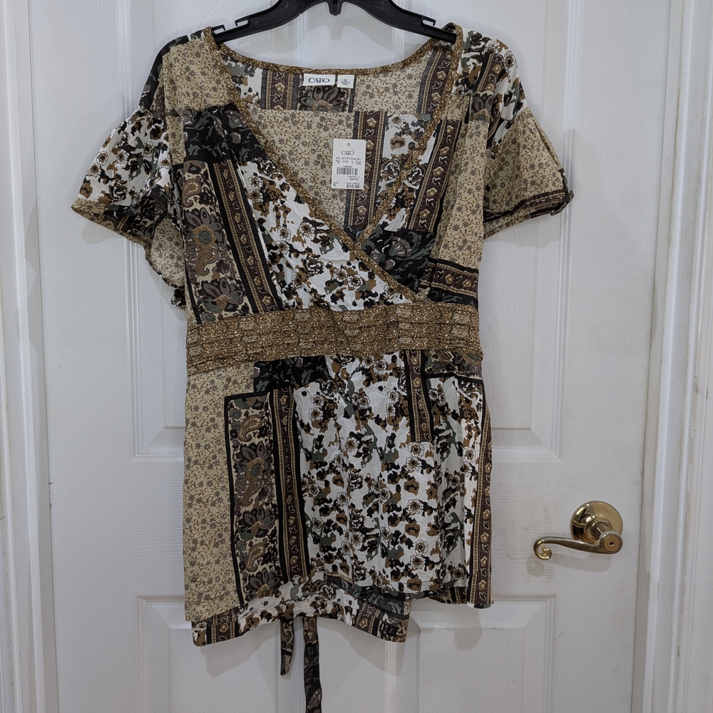Cato Women's Floral Wrap Top - Brown and Cream